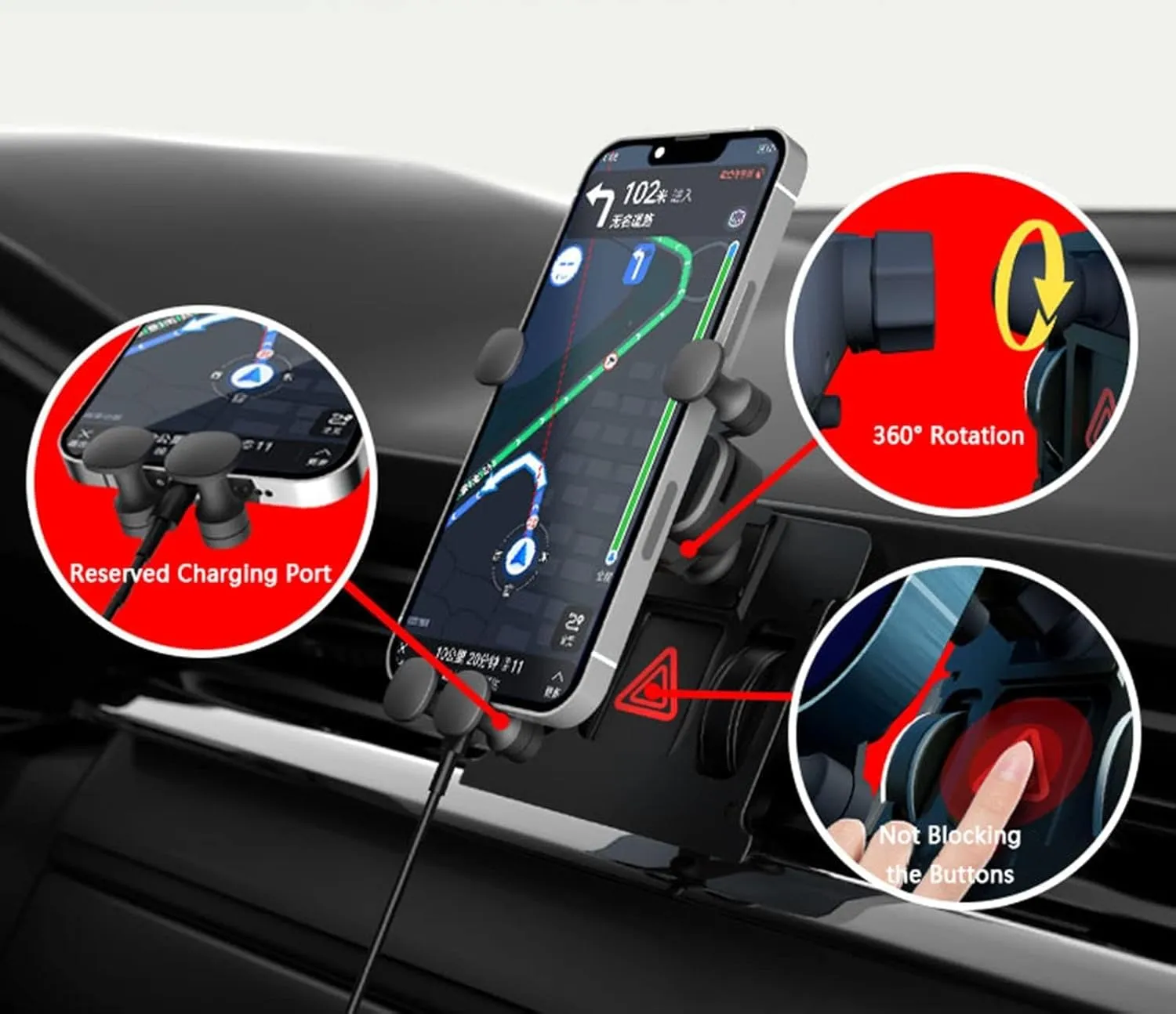 Car Phone Holder Mount for Buick Excelle 2004-2007, 360° Rotation Automobile Cradle, Cell Phone Car Mount, Adjustable Car Phone Stand Automobile Cradle,B Red