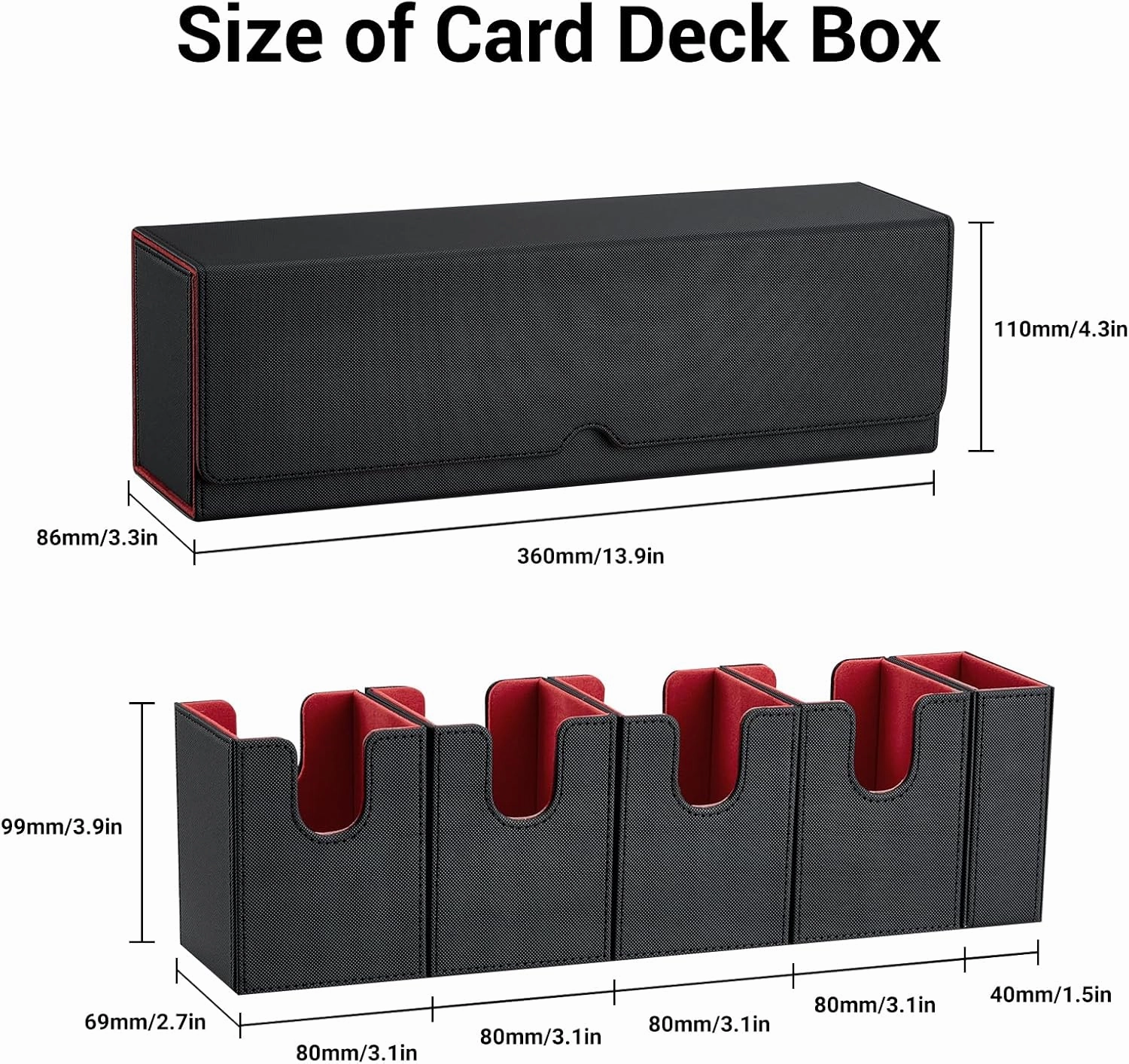Card Deck Box For MTG, 5 in 1 Commander Deck Box Magic The Gathering Deck Box Trading Card Deck Storage Box Holding 400  Unsleeved Cards Strong Magnet Yugioh Deck Box (Black and Red)