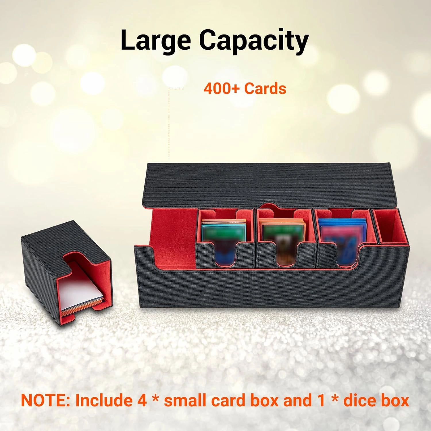 Card Deck Box For MTG, 5 in 1 Commander Deck Box Magic The Gathering Deck Box Trading Card Deck Storage Box Holding 400  Unsleeved Cards Strong Magnet Yugioh Deck Box (Black and Red)