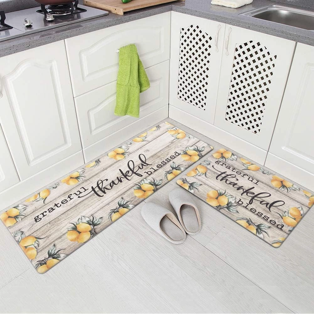 Carvapet Kitchen Floor Mats 2Pcs, Anti Fatigue Kitchen Rugs and Mats Farmhouse Lemons Non-Skid Cushioned Floor Comfort Mat for Kitchen, Doorway, Sink, Laundry, 17"x27" 17"x47"