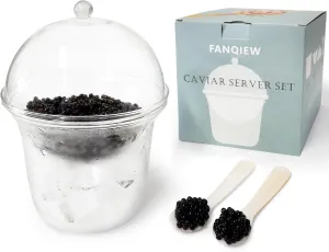 Caviar Server Set with Lid and 2 Pcs Shell Spoons Glass Caviar Dish with Ice Holder Elegant Chiller Serving with Large Capacity for Shrimp Ice Cream Martinis and Cocktails Dishwasher Safety
