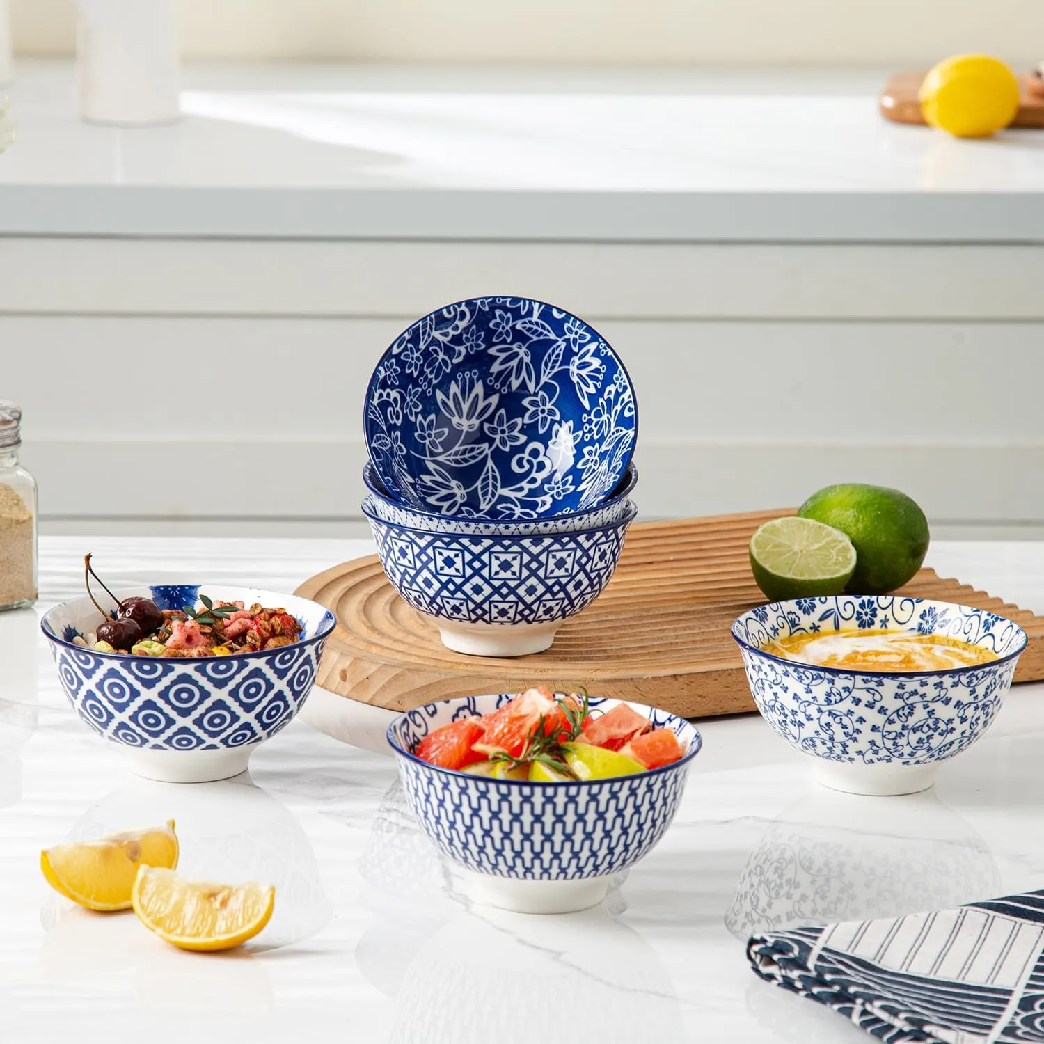 Ceramic Dessert Bowls Set - 12 Oz Small Ice Cream Bowl 4.75 Inch Cereal Bowls for Fruit, Snack, Side Dishes, Dipping Sauce - Microwave Dishwasher Safe - Set of 6 - Vintage Blue