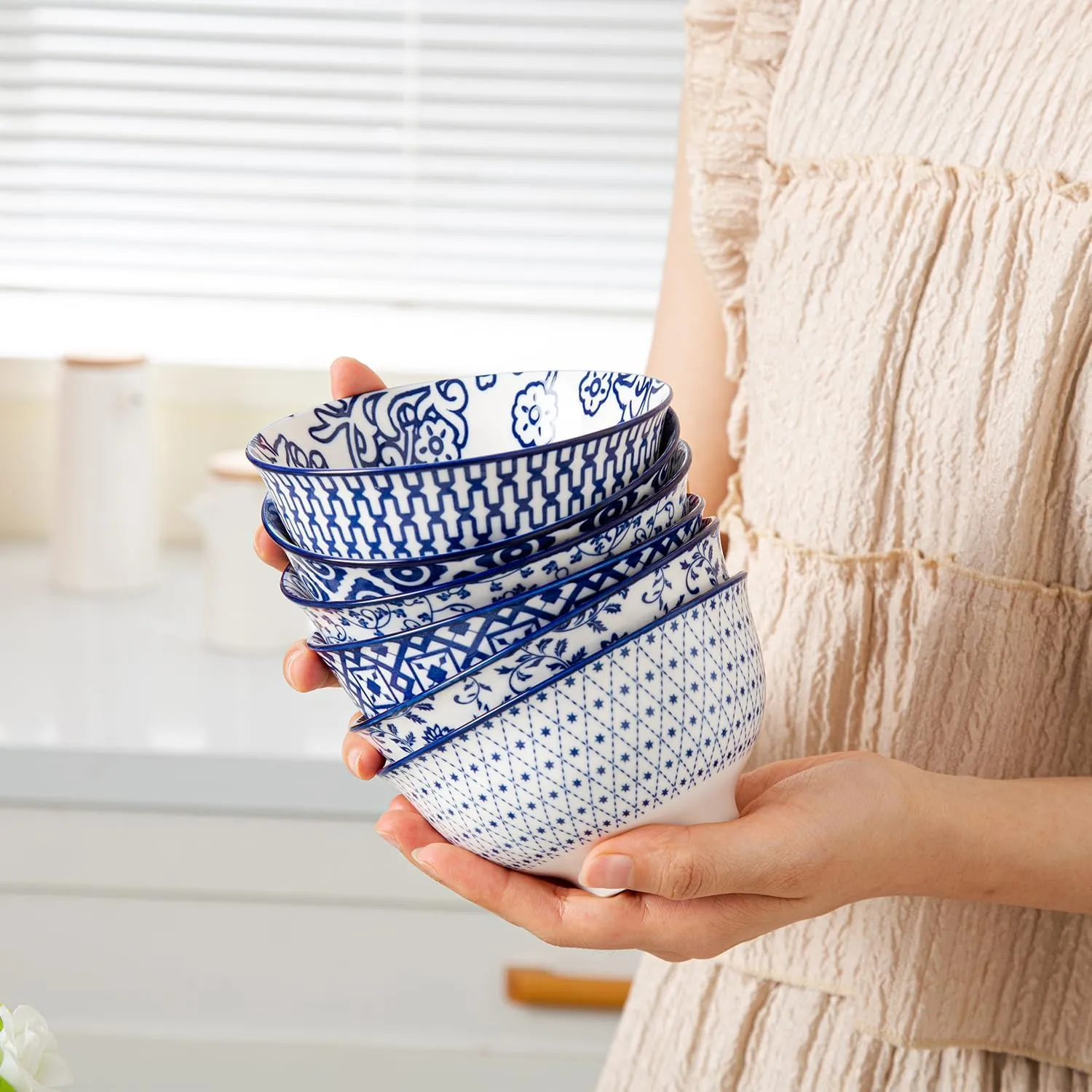 Ceramic Dessert Bowls Set - 12 Oz Small Ice Cream Bowl 4.75 Inch Cereal Bowls for Fruit, Snack, Side Dishes, Dipping Sauce - Microwave Dishwasher Safe - Set of 6 - Vintage Blue