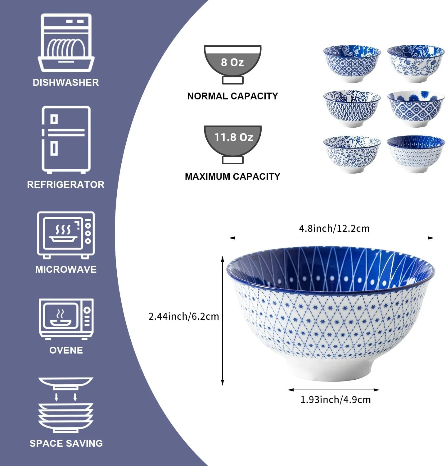 Ceramic Dessert Bowls Set - 12 Oz Small Ice Cream Bowl 4.75 Inch Cereal Bowls for Fruit, Snack, Side Dishes, Dipping Sauce - Microwave Dishwasher Safe - Set of 6 - Vintage Blue