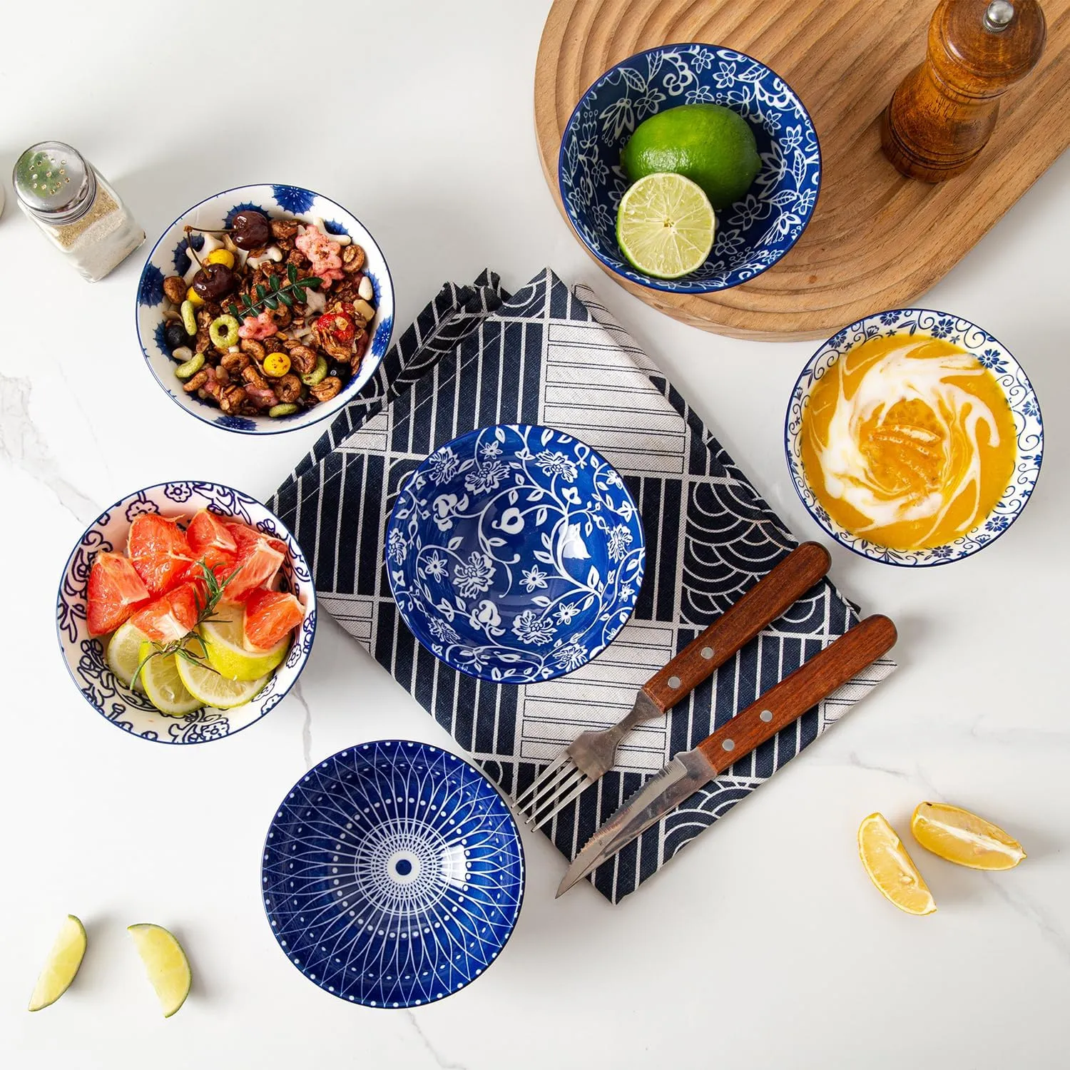 Ceramic Dessert Bowls Set - 12 Oz Small Ice Cream Bowl 4.75 Inch Cereal Bowls for Fruit, Snack, Side Dishes, Dipping Sauce - Microwave Dishwasher Safe - Set of 6 - Vintage Blue