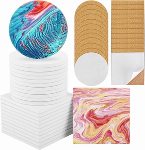 Ceramic Tile for Crafts Coasters, 24 Pack White Tiles Unglazed 4 Inch with 24 Pack Cork Backing Pads Includes Square and Round Ceramic Coasters for DIY Arts Craft Project Coasters