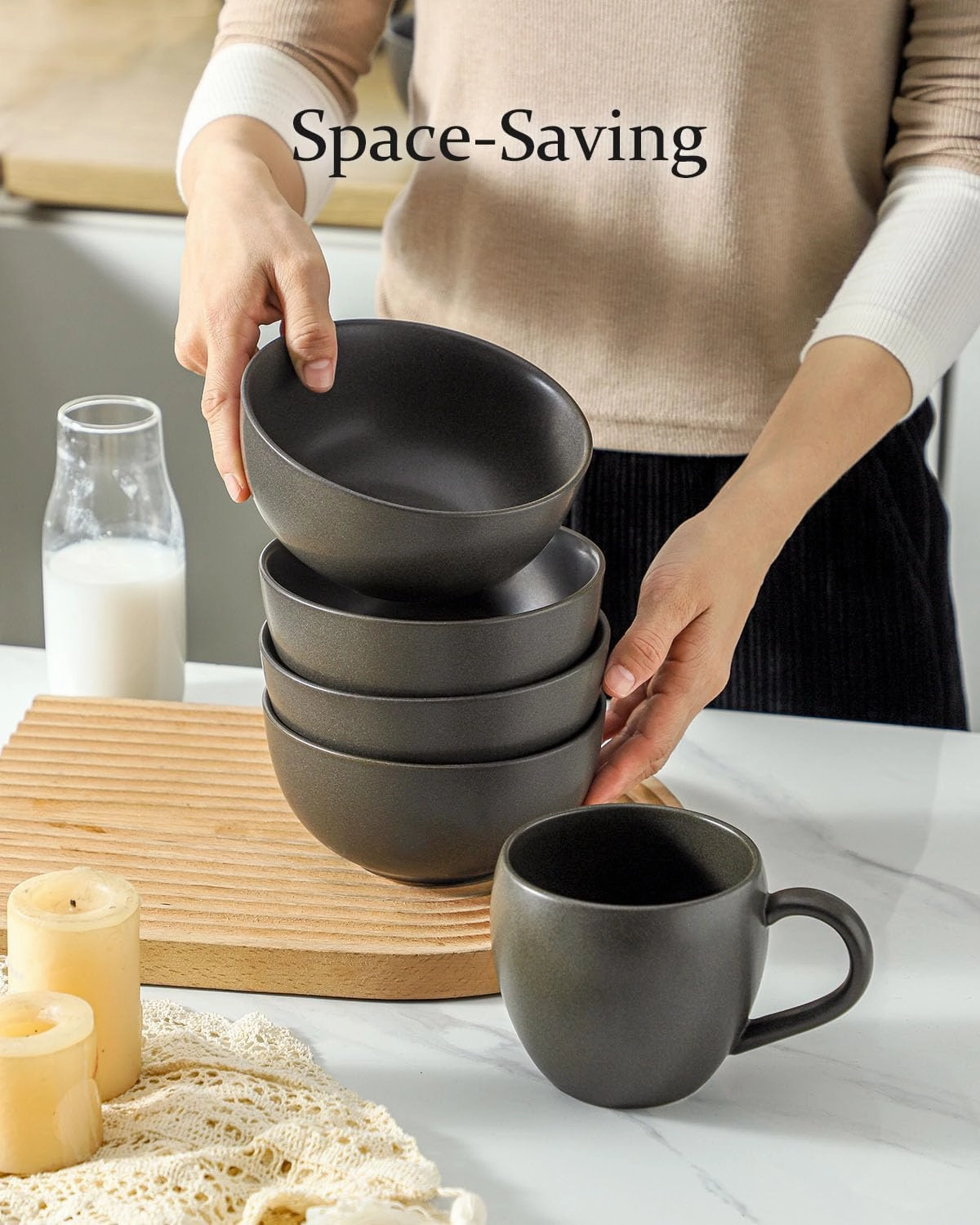 Cereal Bowls, 24 oz Soup Bowls Set of 4, Ceramic Bowls Set for Salad, Fruit, Breakfast, Dessert, Stoneware Bowls for Kitchen, Dishwasher & Microwave Safe, Matte Black