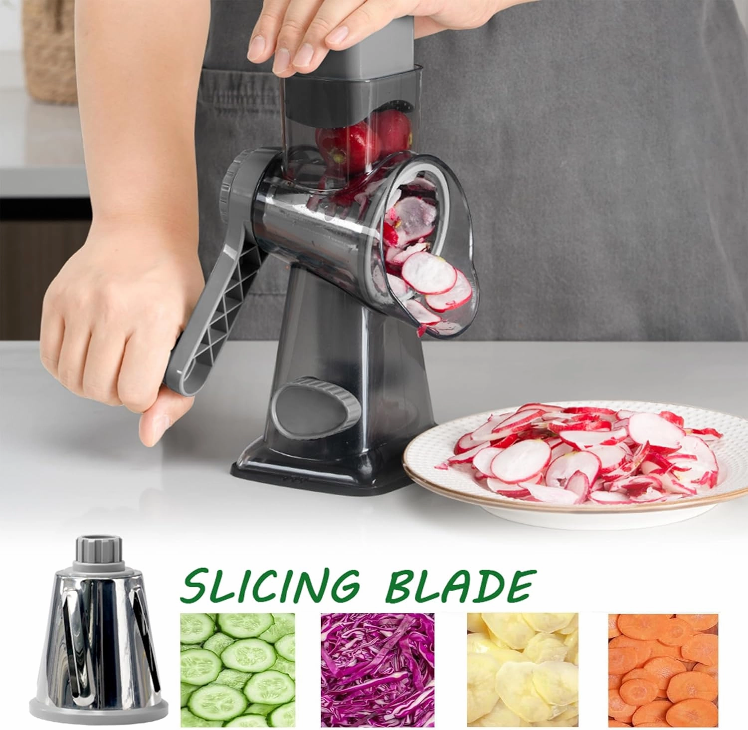 Cheese Grater Rotary Cheese Grater,Versatile Cheese Shredder,Blades for Shredding, Grating, Slicing,Cheese Shredder with Suction Base and Cleaning Brush Kitchen Gift (gray)