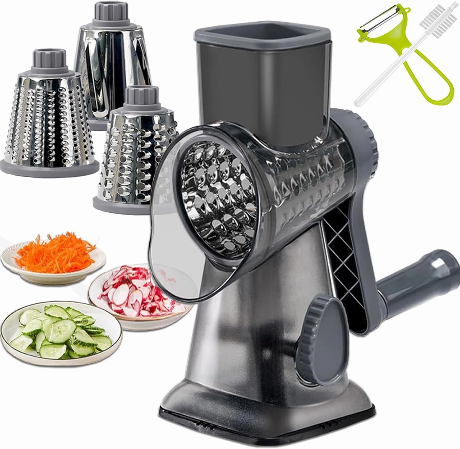Cheese Grater Rotary Cheese Grater,Versatile Cheese Shredder,Blades for Shredding, Grating, Slicing,Cheese Shredder with Suction Base and Cleaning Brush Kitchen Gift (gray)