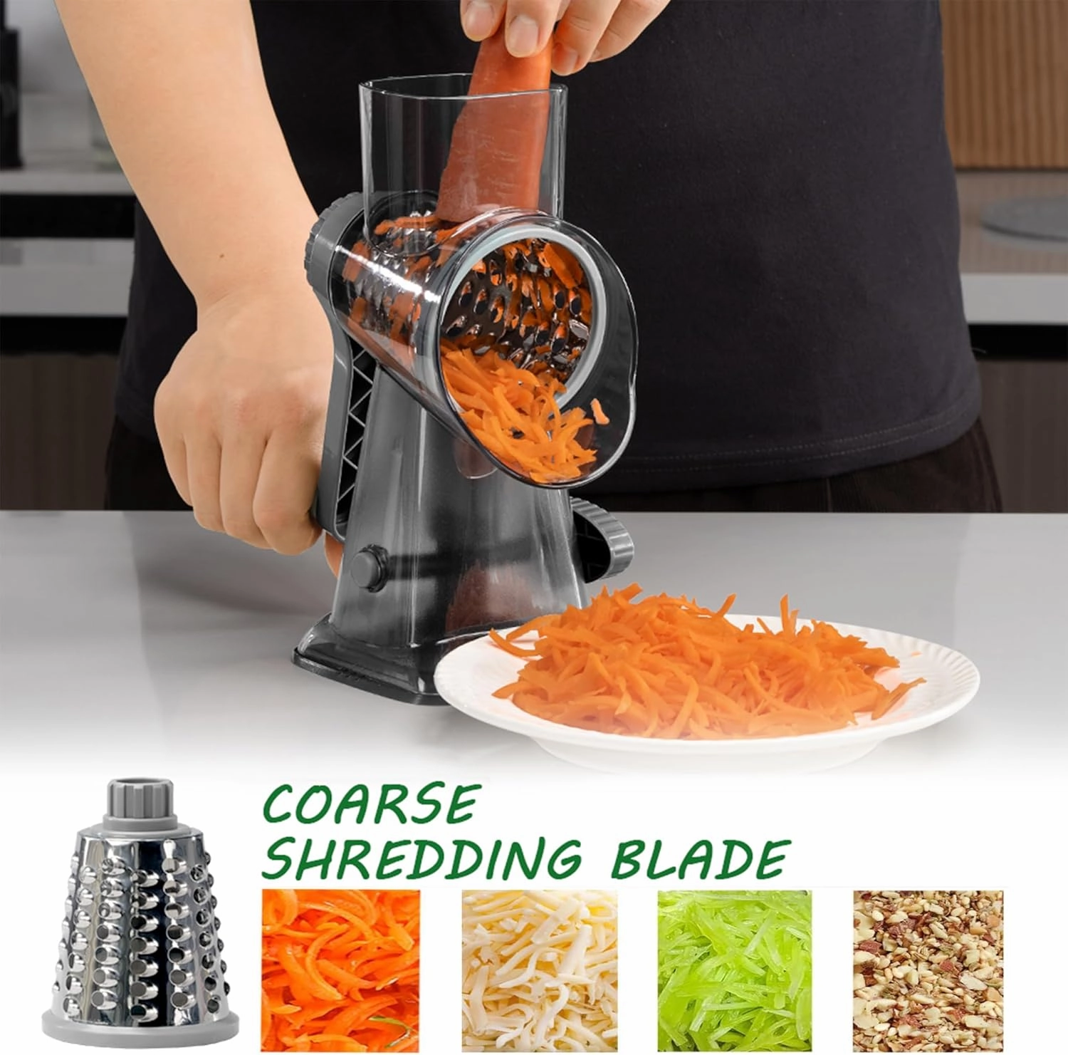 Cheese Grater Rotary Cheese Grater,Versatile Cheese Shredder,Blades for Shredding, Grating, Slicing,Cheese Shredder with Suction Base and Cleaning Brush Kitchen Gift (gray)