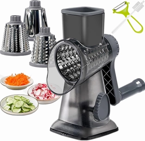 Cheese Grater Rotary Cheese Grater,Versatile Cheese Shredder,Blades for Shredding, Grating, Slicing,Cheese Shredder with Suction Base and Cleaning Brush Kitchen Gift (gray)