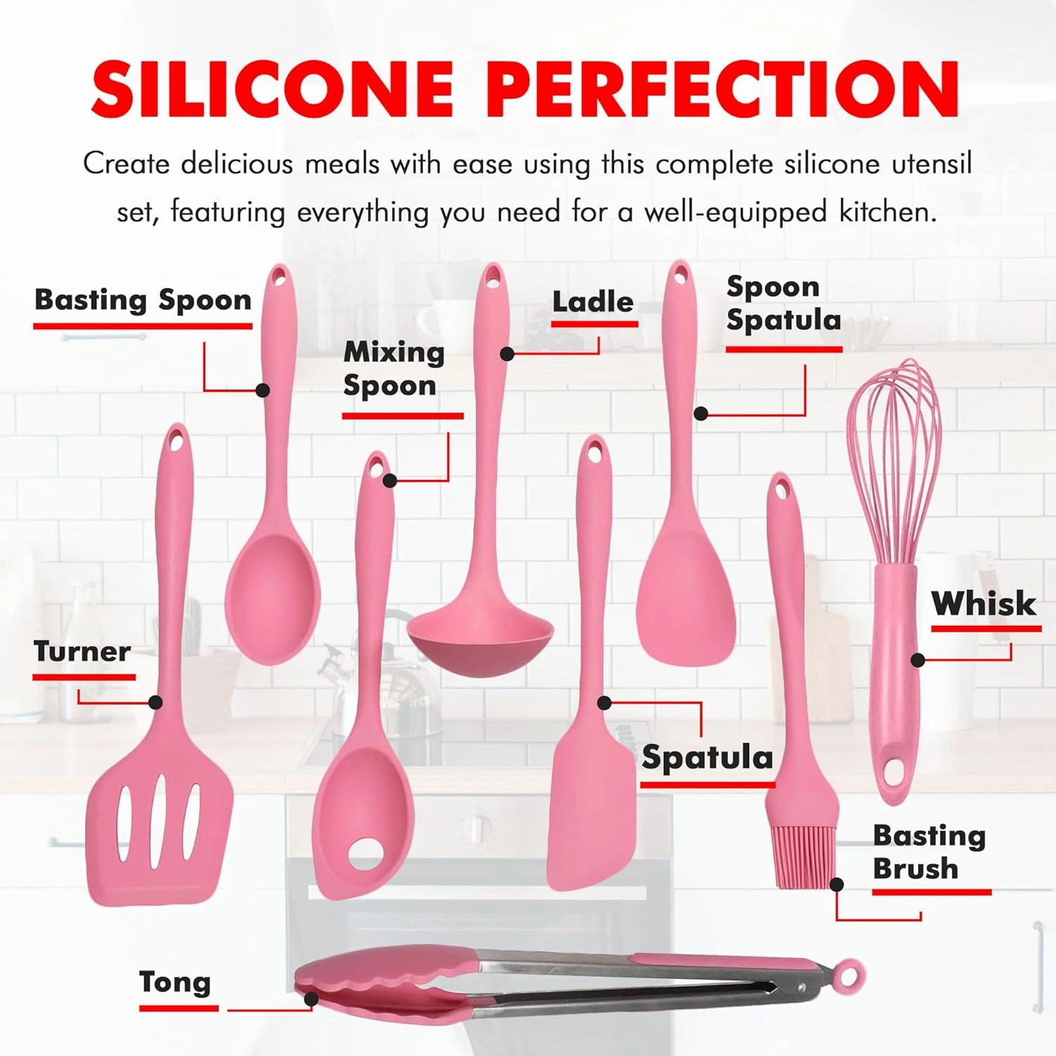 Chef Craft - Premium Silicone Kitchen Tools and Utensils Set, Non-Scratch, Withstands Temperatures up to 450°F, BPA-Free, 9 Piece Cooking Utensils Set, Pink