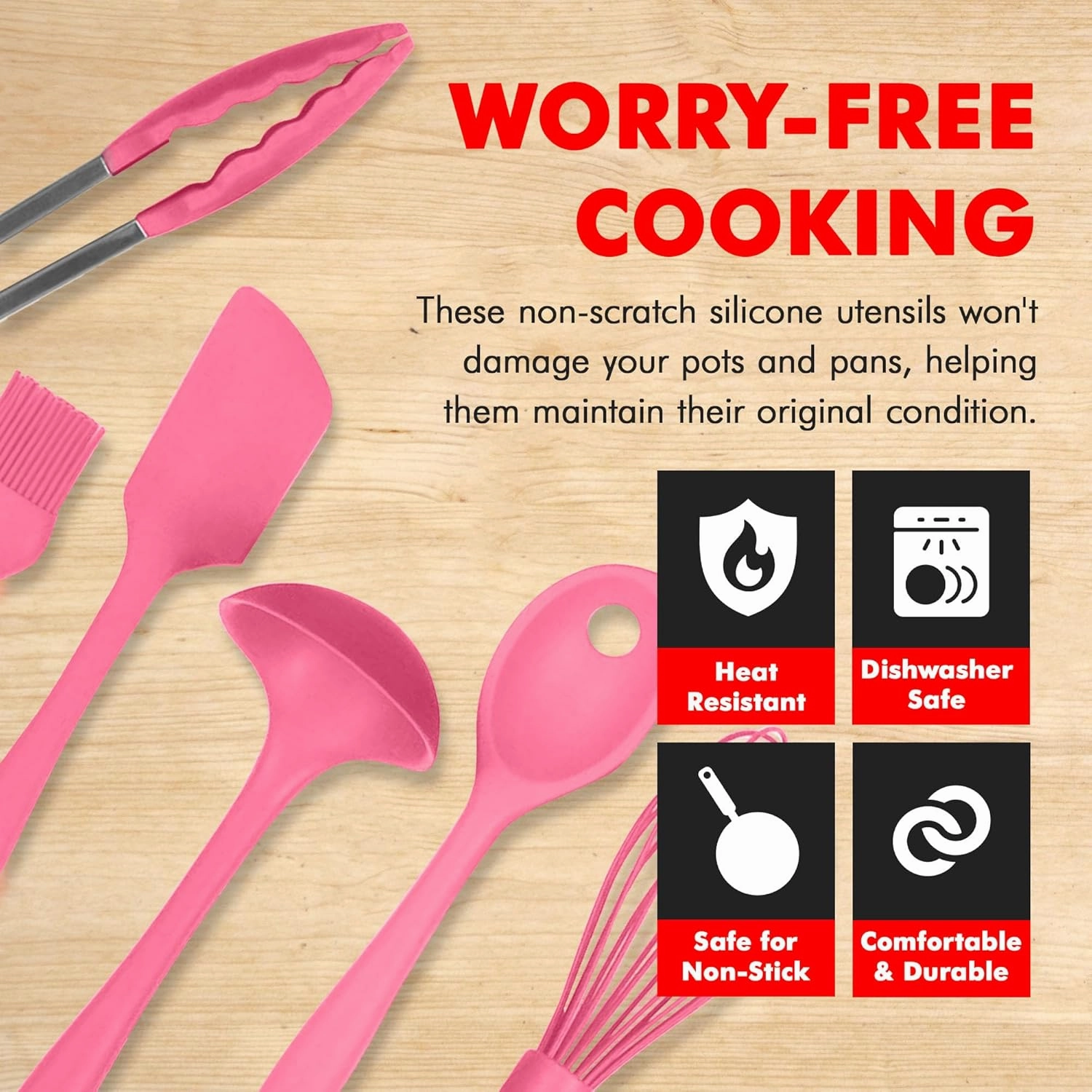 Chef Craft - Premium Silicone Kitchen Tools and Utensils Set, Non-Scratch, Withstands Temperatures up to 450°F, BPA-Free, 9 Piece Cooking Utensils Set, Pink