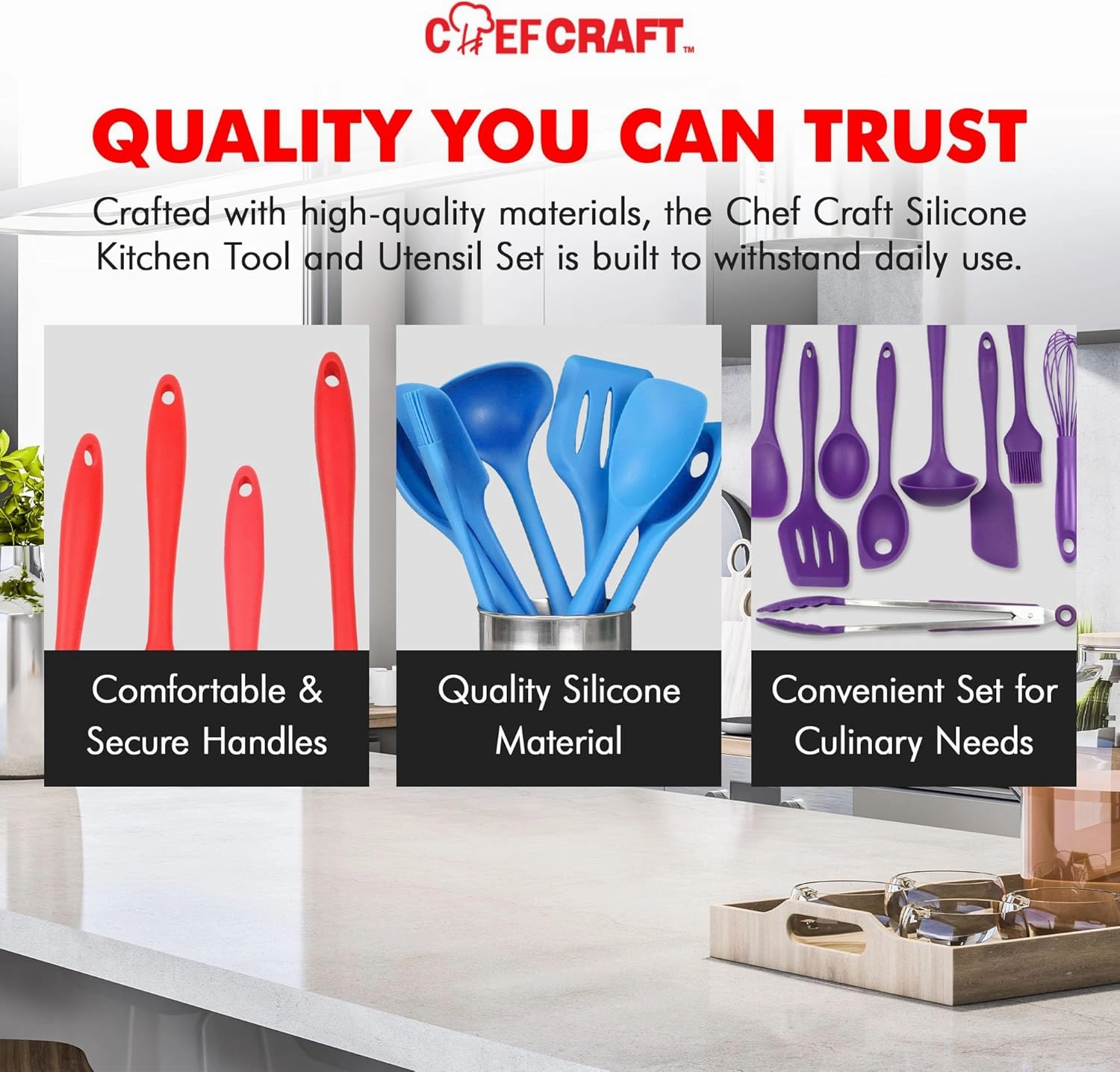 Chef Craft - Premium Silicone Kitchen Tools and Utensils Set, Non-Scratch, Withstands Temperatures up to 450°F, BPA-Free, 9 Piece Cooking Utensils Set, Pink