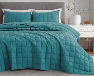 Chezmoi Collection Tencel Modal Blend Quilt Set Queen Size, Teal - Lightweight Soft Bedspread Detailed Square Stitched Quilt for All Seasons