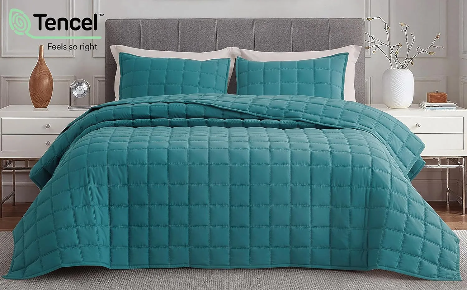 Chezmoi Collection Tencel Modal Blend Quilt Set Queen Size, Teal - Lightweight Soft Bedspread Detailed Square Stitched Quilt for All Seasons