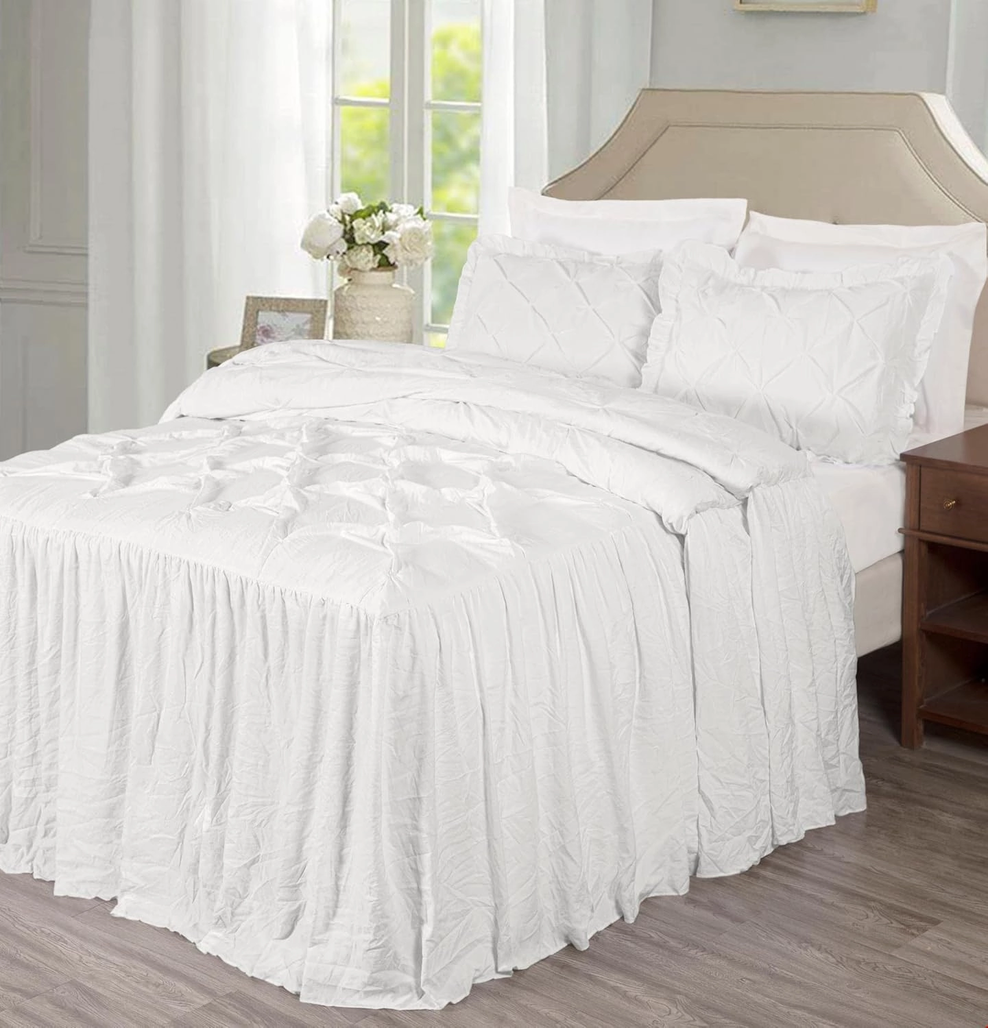 Chezmoi Collection Aria 3-Piece Pinch Pleat Pintuck Ruffle Skirt Bedspread Set - French Country Chic Farmhouse - Queen, Ivory
