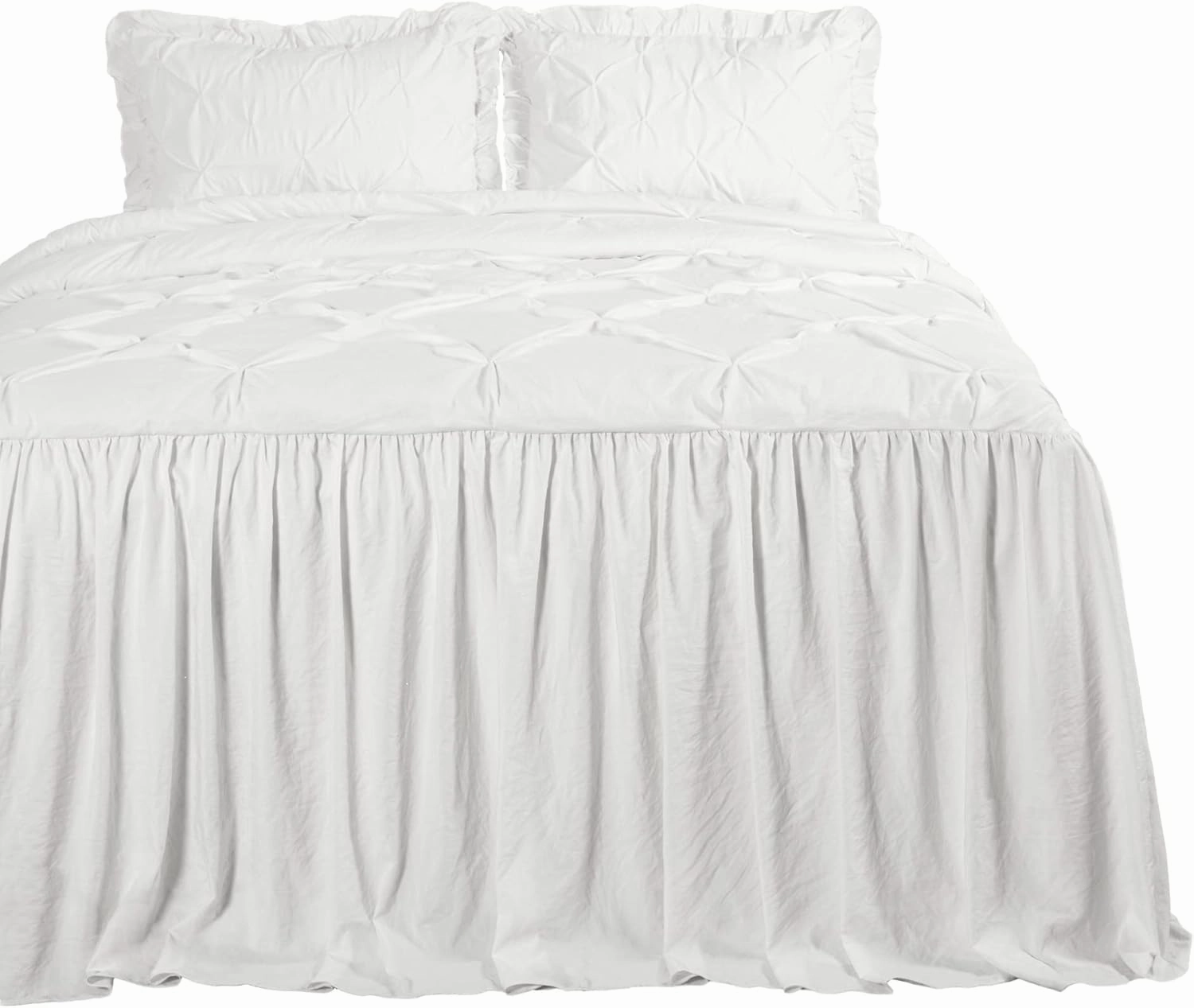 Chezmoi Collection Aria 3-Piece Pinch Pleat Pintuck Ruffle Skirt Bedspread Set - French Country Chic Farmhouse - Queen, Ivory