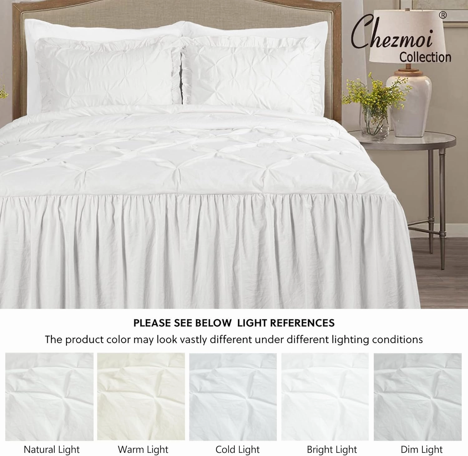 Chezmoi Collection Aria 3-Piece Pinch Pleat Pintuck Ruffle Skirt Bedspread Set - French Country Chic Farmhouse - Queen, Ivory