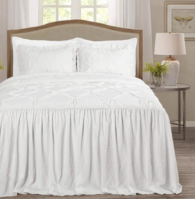 Chezmoi Collection Aria 3-Piece Pinch Pleat Pintuck Ruffle Skirt Bedspread Set - French Country Chic Farmhouse - Queen, Ivory