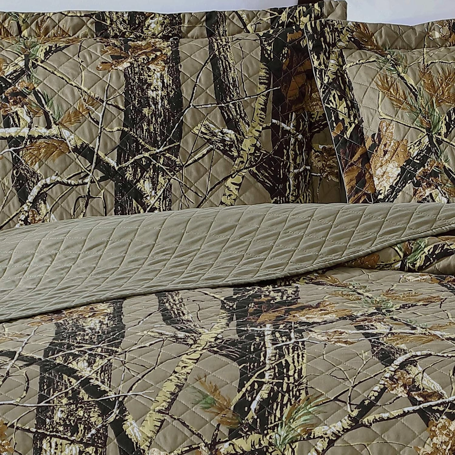 Chezmoi Collection Salem 5-Piece Cabin Lodge Forest Woods Pre-Washed Daybed Size Bedding Quilt Set - Nature Camo Daybed Coverlet Set - Tree Leaves Printed Soft Microfiber - Natural