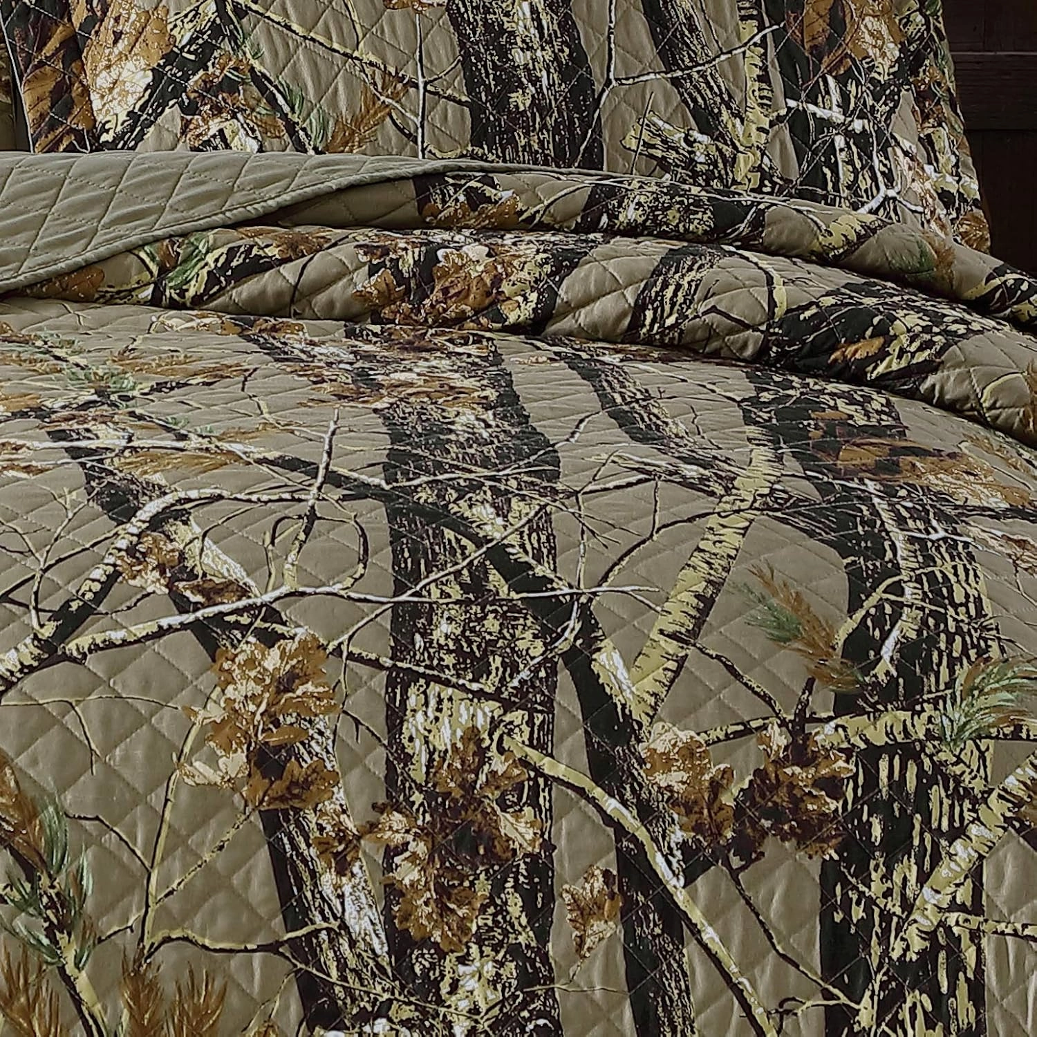 Chezmoi Collection Salem 5-Piece Cabin Lodge Forest Woods Pre-Washed Daybed Size Bedding Quilt Set - Nature Camo Daybed Coverlet Set - Tree Leaves Printed Soft Microfiber - Natural