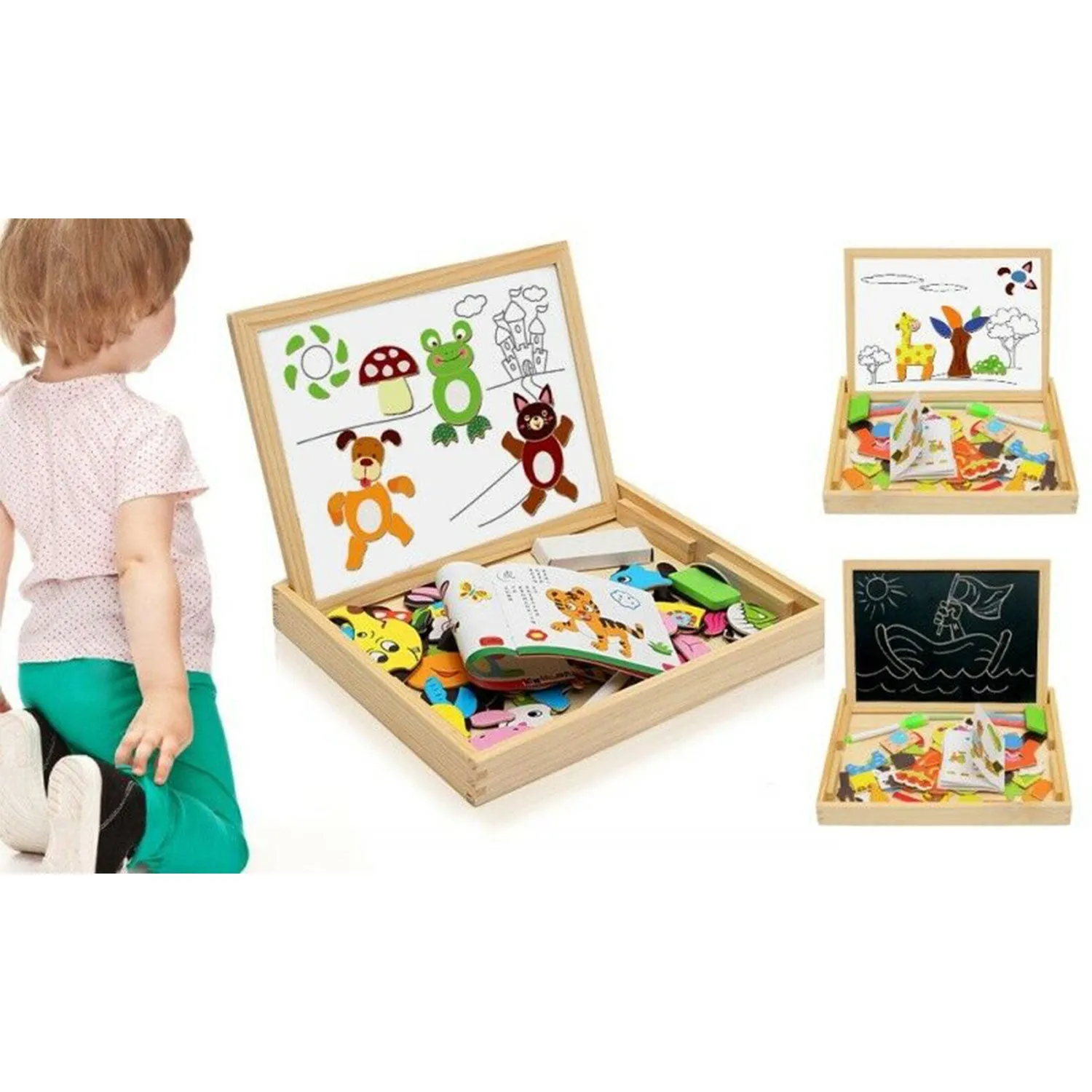 Children's Wooden Multifunctional Animal Puzzle Magnetic Drawing Board