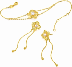 CHOW SANG SANG 999.9 24K Solid Gold Chinese Wedding Four-Leaf Clover Blossom Pearl Drop Earrings & Bracelet Jewelry Set for Women 95619E 95619B