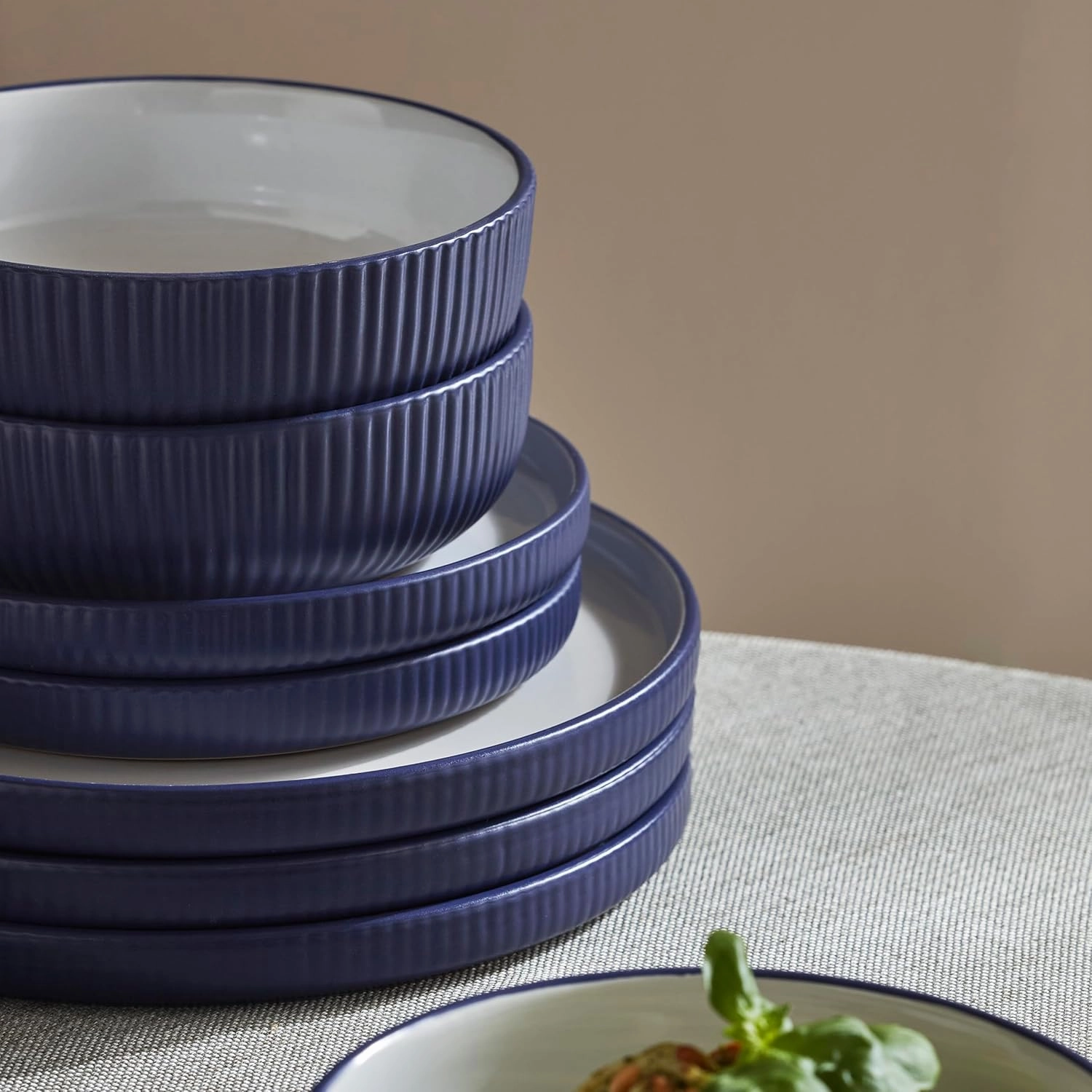 Christian Siriano Laro 12-Piece Stoneware Dinnerware Set, Plates and Bowls Set, Microwave and Dishwasher Safe, Dish Set for 4, Dark Blue