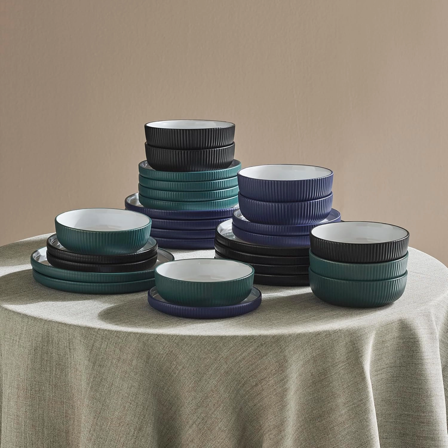 Christian Siriano Laro 12-Piece Stoneware Dinnerware Set, Plates and Bowls Set, Microwave and Dishwasher Safe, Dish Set for 4, Dark Blue