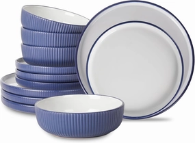 Christian Siriano Laro 12-Piece Stoneware Dinnerware Set, Plates and Bowls Set, Microwave and Dishwasher Safe, Dish Set for 4, Dark Blue