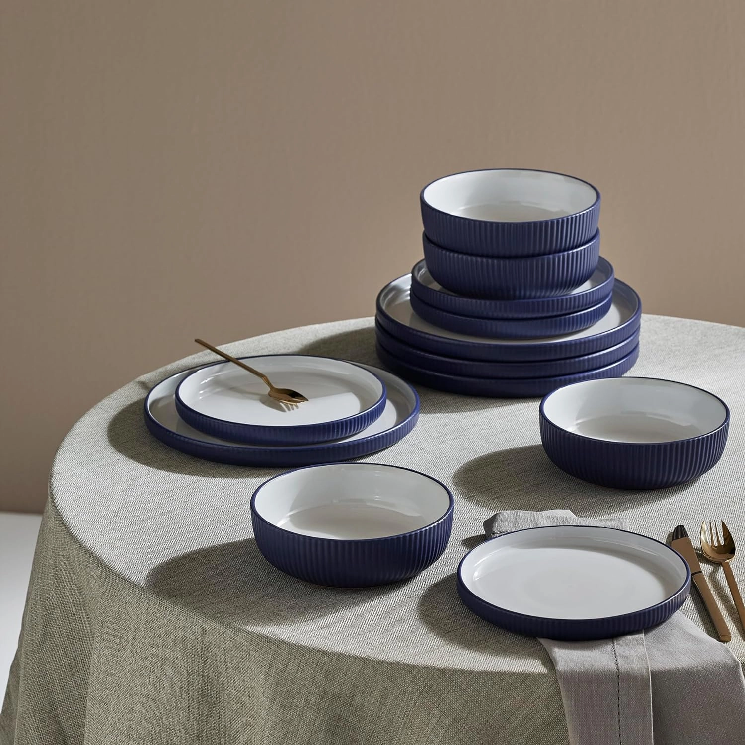 Christian Siriano Laro 12-Piece Stoneware Dinnerware Set, Plates and Bowls Set, Microwave and Dishwasher Safe, Dish Set for 4, Dark Blue