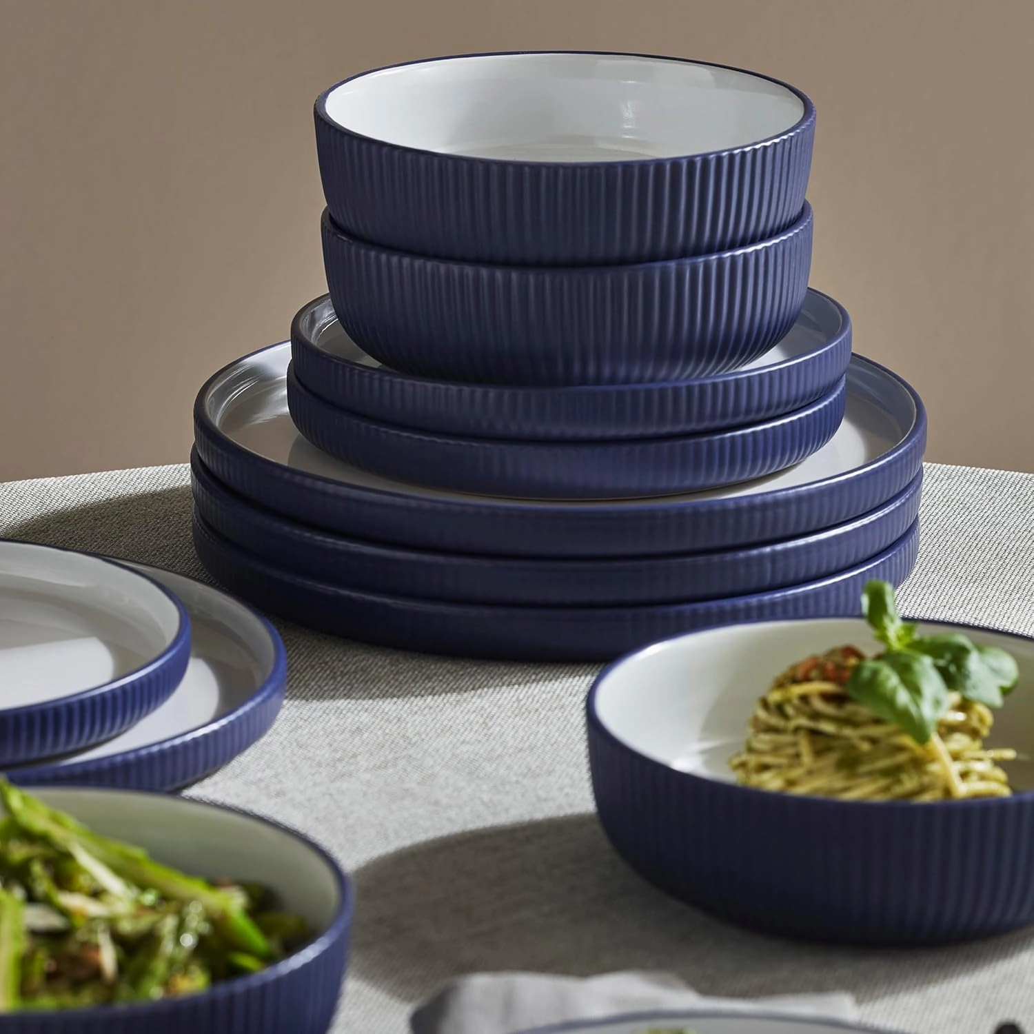 Christian Siriano Laro 12-Piece Stoneware Dinnerware Set, Plates and Bowls Set, Microwave and Dishwasher Safe, Dish Set for 4, Dark Blue
