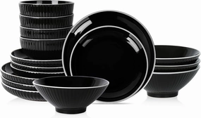 Christian Siriano Lustra Modern 16-Piece Stoneware Dinnerware Set, Plates and Bowls Set, Dinner and Salad Plates, Ramen Bowls, Dishes for 4, Black