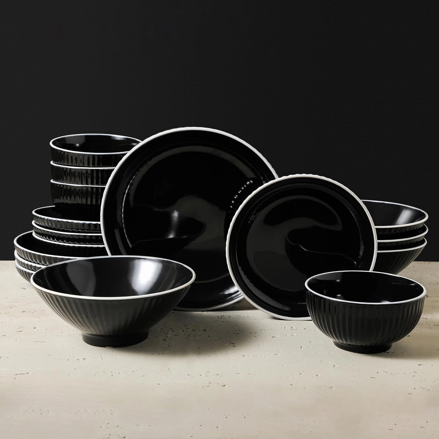 Christian Siriano Lustra Modern 16-Piece Stoneware Dinnerware Set, Plates and Bowls Set, Dinner and Salad Plates, Ramen Bowls, Dishes for 4, Black