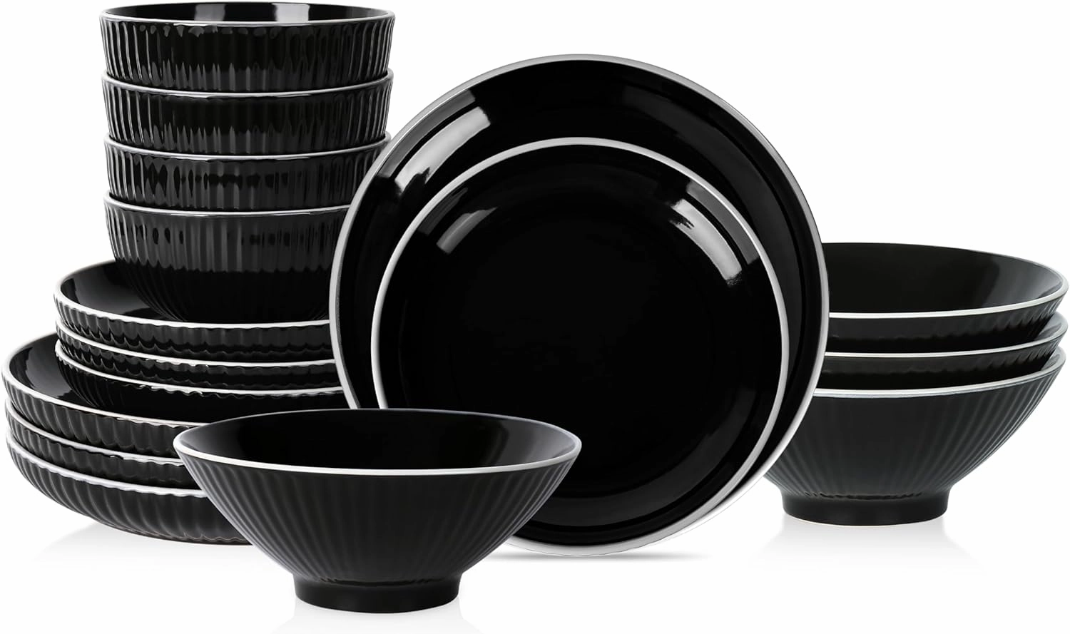 Christian Siriano Lustra Modern 16-Piece Stoneware Dinnerware Set, Plates and Bowls Set, Dinner and Salad Plates, Ramen Bowls, Dishes for 4, Black