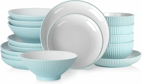 Christian Siriano Lustra Modern 16-Piece Stoneware Dinnerware Set, Plates and Bowls Set, Dinner and Salad Plates, Ramen Bowls, Dishes for 4, Teal