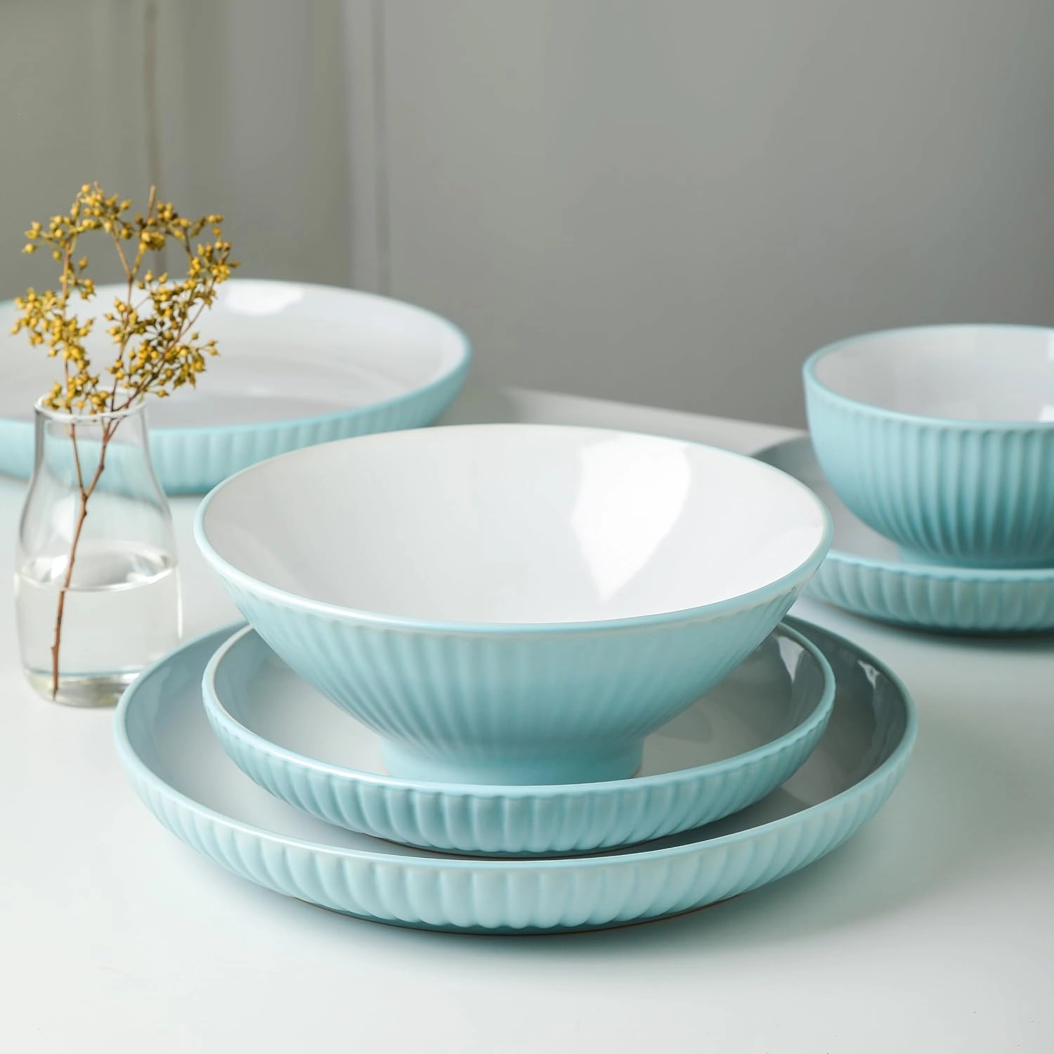 Christian Siriano Lustra Modern 16-Piece Stoneware Dinnerware Set, Plates and Bowls Set, Dinner and Salad Plates, Ramen Bowls, Dishes for 4, Teal