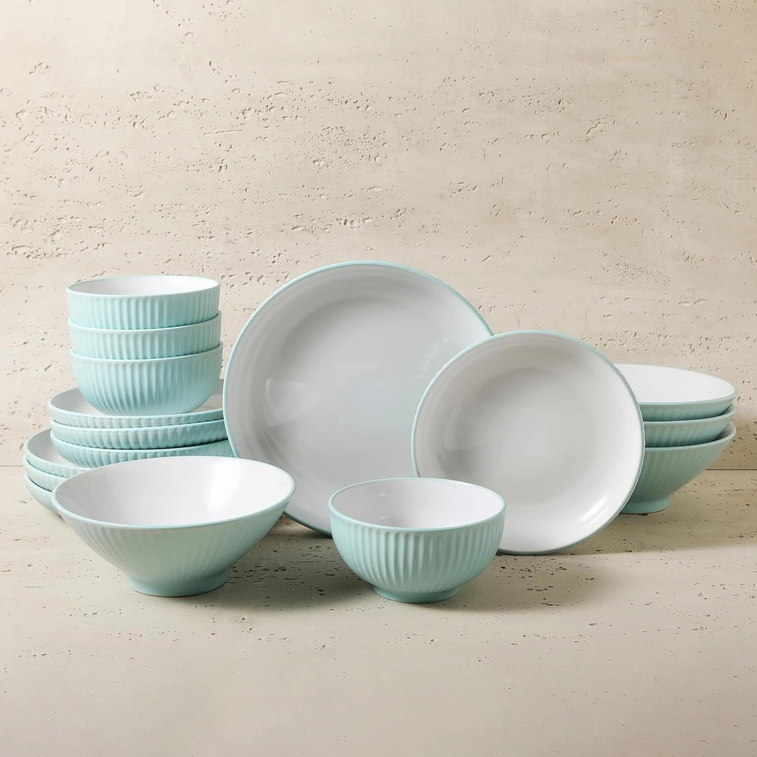 Christian Siriano Lustra Modern 16-Piece Stoneware Dinnerware Set, Plates and Bowls Set, Dinner and Salad Plates, Ramen Bowls, Dishes for 4, Teal