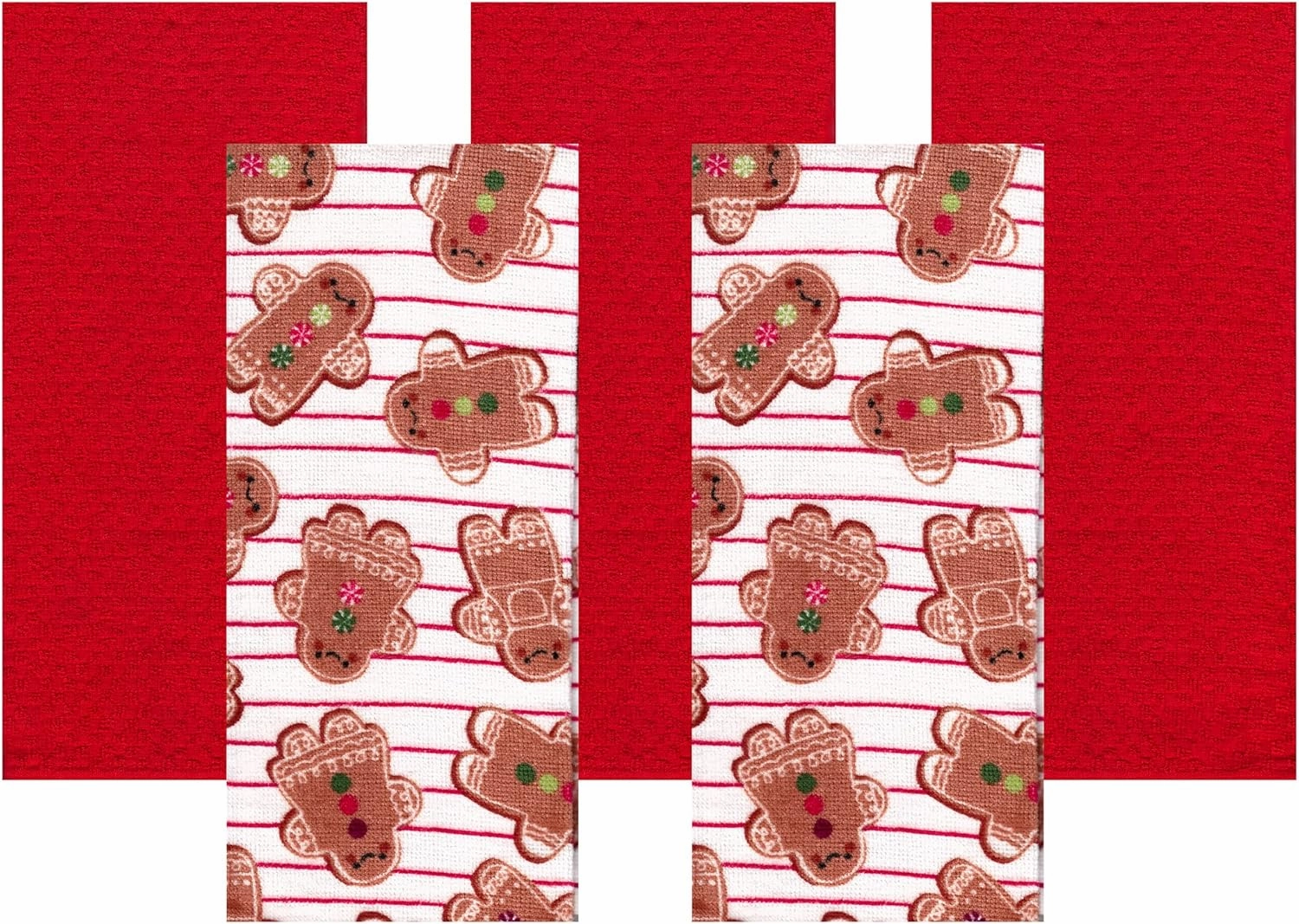 Christmas Holiday Cotton Kitchen Towels, Gingerbread Stripe Print Solid Red 5 Pack Cotton Dishtowels