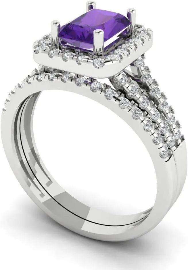 Clara Pucci 1.54 carat Emerald Round Cut Halo Solitaire Natural Amethyst Wedding Anniversary Bridal Ring band set 14k White Gold