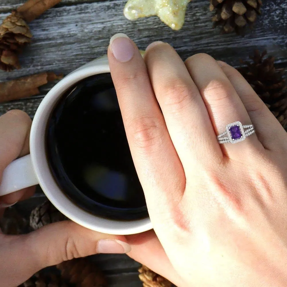 Clara Pucci 1.54 carat Emerald Round Cut Halo Solitaire Natural Amethyst Wedding Anniversary Bridal Ring band set 14k White Gold