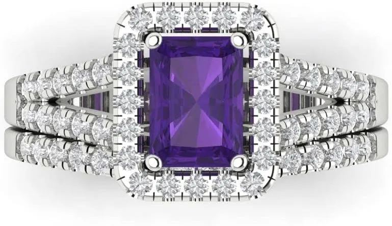 Clara Pucci 1.54 carat Emerald Round Cut Halo Solitaire Natural Amethyst Wedding Anniversary Bridal Ring band set 14k White Gold