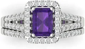 Clara Pucci 1.54 carat Emerald Round Cut Halo Solitaire Natural Amethyst Wedding Anniversary Bridal Ring band set 14k White Gold