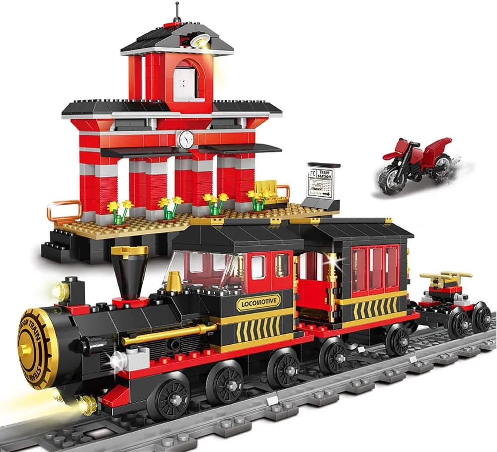 Classic Train Building Blocks Toys 583 Pieces STEM Learning Toys Construction Building Brick Education Toy Classic Train Station Birthday for Boys and Girls