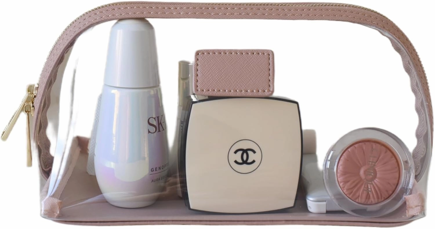 clear makeup bag,leather makeup case,travel toiletry bag,portable cosmetic bag,transparent waterproof cosmetic organizer storage bag (Pink, Large)
