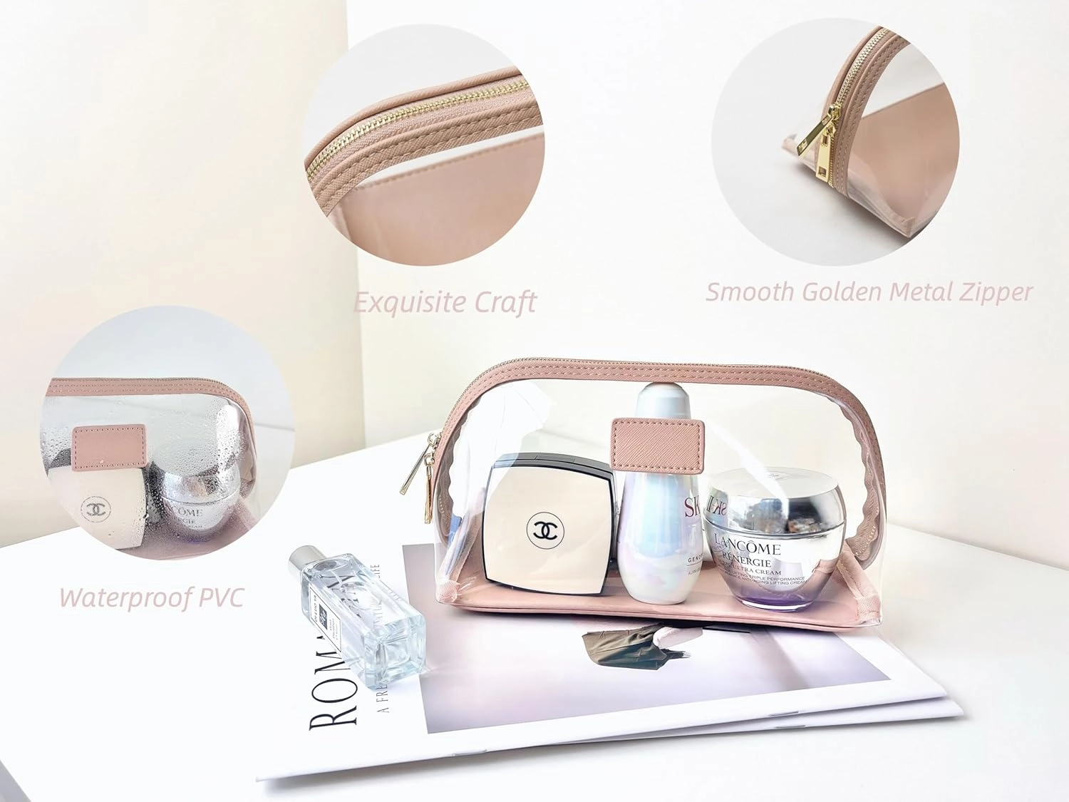 clear makeup bag,leather makeup case,travel toiletry bag,portable cosmetic bag,transparent waterproof cosmetic organizer storage bag (Pink, Large)