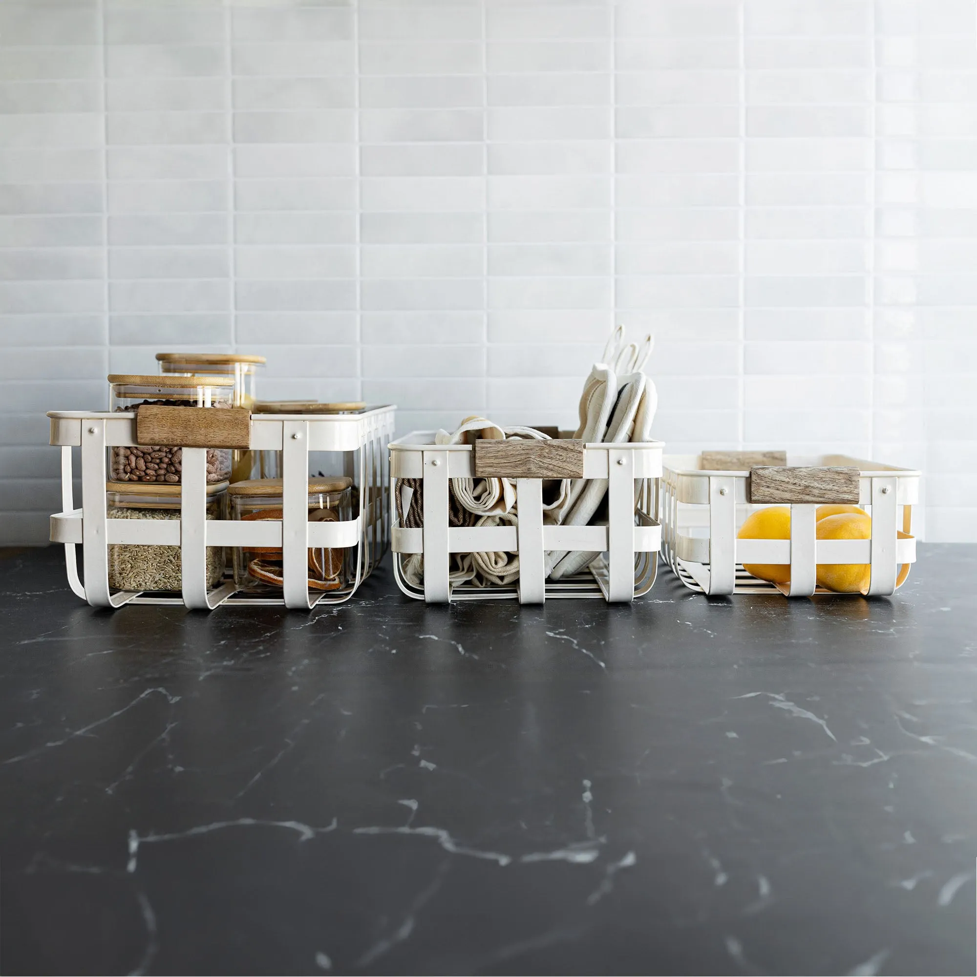CLEMENT SET OF 3 KITCHEN BASKETS WHITE METAL, WOOD HANDLES (MIN 1)