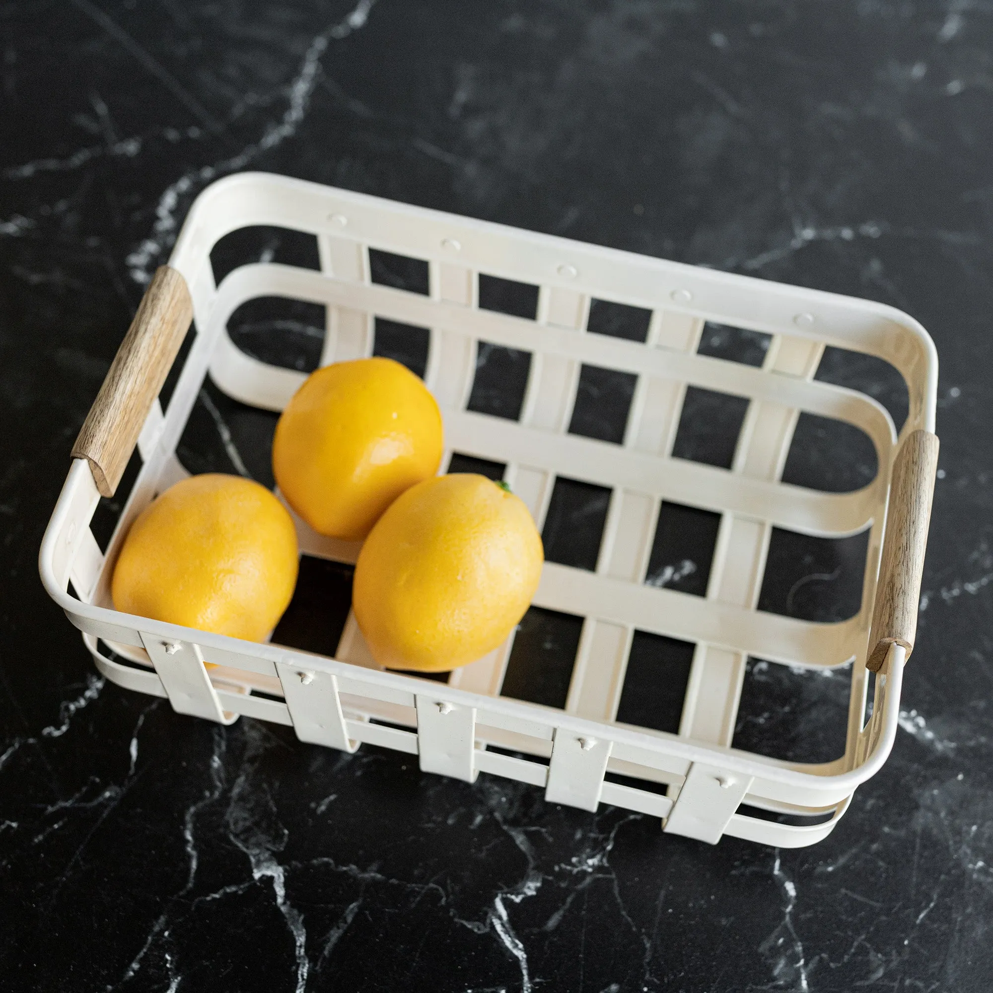 CLEMENT SET OF 3 KITCHEN BASKETS WHITE METAL, WOOD HANDLES (MIN 1)