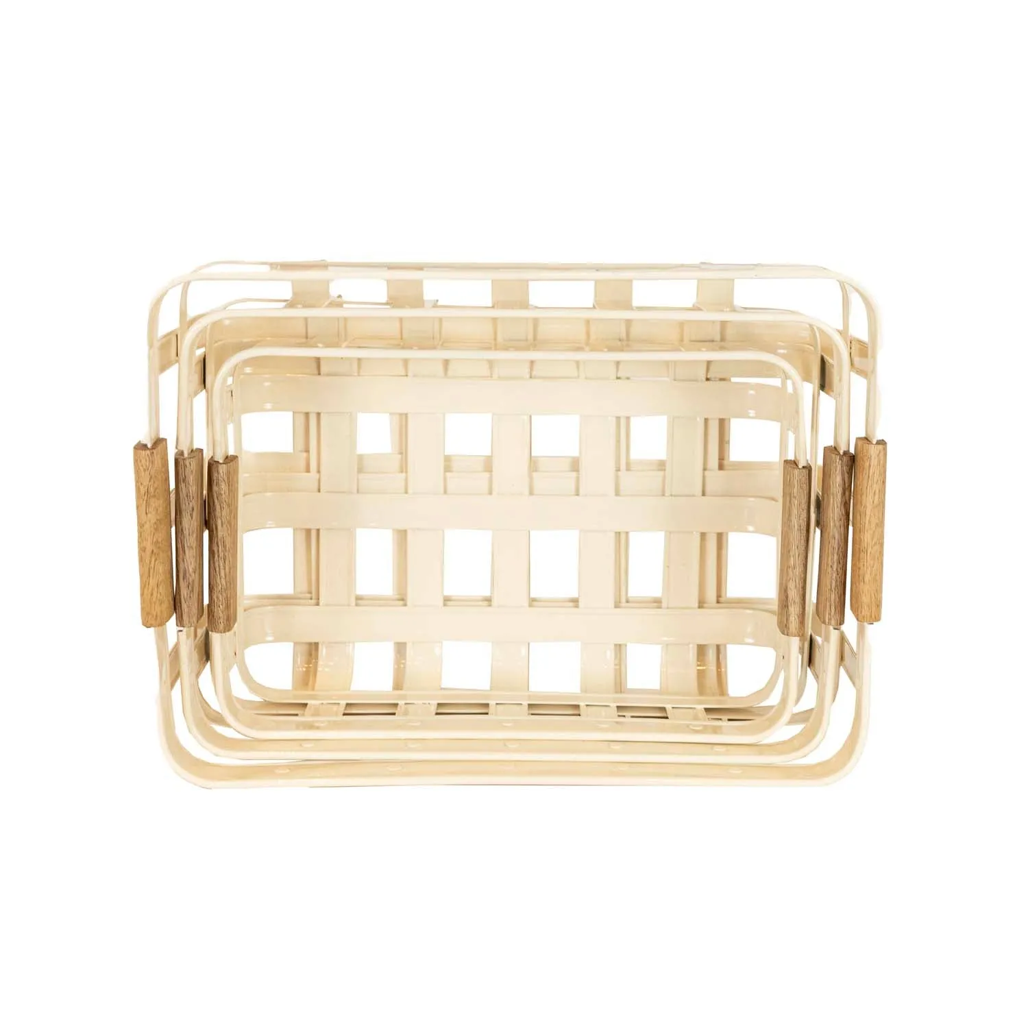 CLEMENT SET OF 3 KITCHEN BASKETS WHITE METAL, WOOD HANDLES (MIN 1)